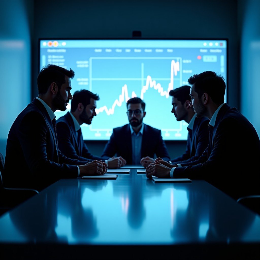 A group of professional corporate executives in a serious meeting around a sleek table, focus on a digital screen with data, professional and intense lighting, 1:1