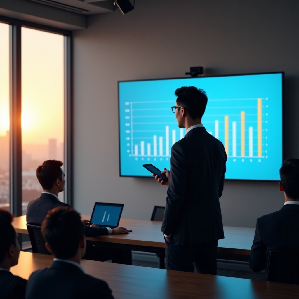 A professional Korean business person in a modern conference room looking at a screen with data visualization, warm lighting, natural setting, no text, 4:3