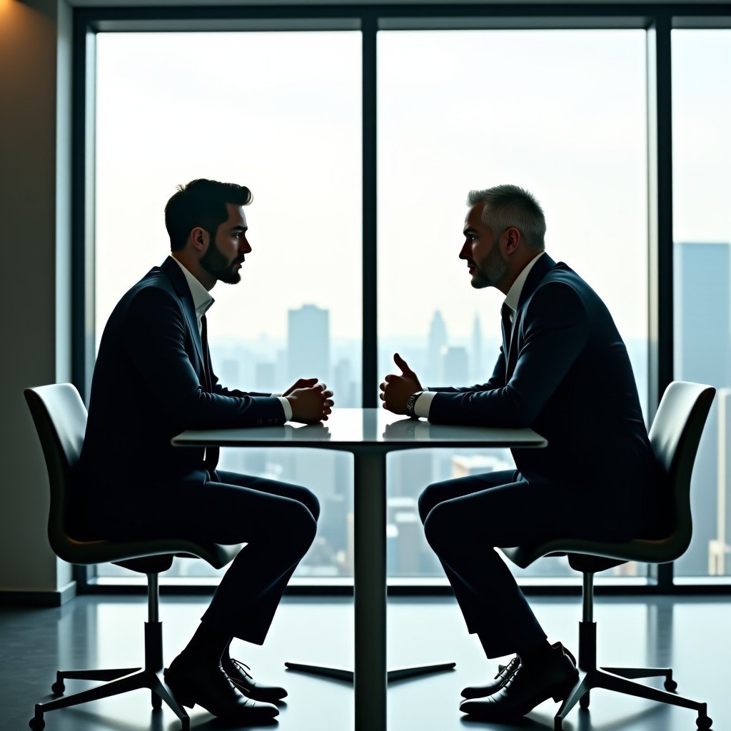 A professional meeting between a tech executive in a casual blazer and a government official in a formal suit, sitting across a modern glass table in a high-rise office with city views, natural sunlight, realistic cinematic photography, 4:3