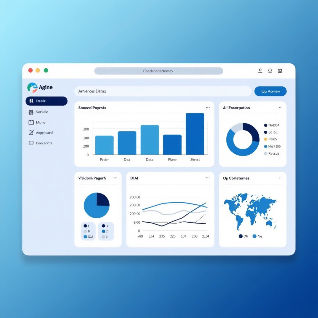 A clean and modern enterprise software interface design showing data integration and AI agent management dashboards. The background has a soft blue gradient. High contrast and professional layout. 4:3