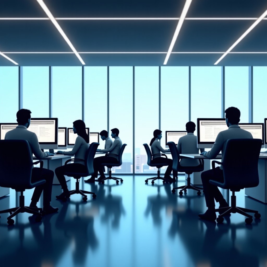 A modern corporate office setting with professional workers using advanced software on multiple monitors. Clean, bright interior with glass walls, soft natural lighting, high-end technology atmosphere. 4:3