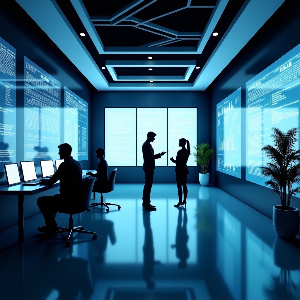 A futuristic office environment showing a seamless integration of AI interfaces with corporate software systems, holographic data visualizations, professional atmosphere, modern office design, high contrast, 4:3