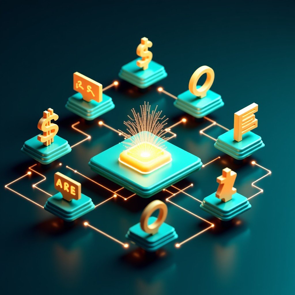 A sophisticated 3D visualization of various enterprise software icons interconnected by glowing light trails to a central AI processor, representing integration and synergy, clean futuristic aesthetic, high contrast with dark background, vibrant teal and gold accents, 4:3