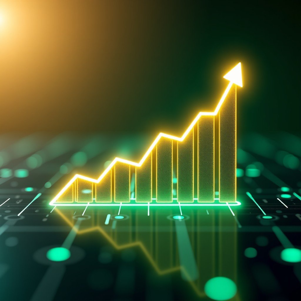 A sleek digital interface showing a rising financial growth curve, background with blurred semiconductor patterns, modern and professional atmosphere, golden and emerald green tones, 4:3