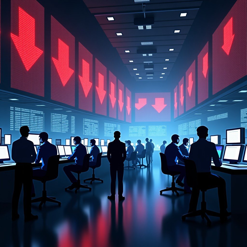 A high-tech stock exchange trading floor with large digital displays showing red downward arrows and fluctuating stock tickers. Professional traders looking concerned at screens. Modern financial district atmosphere, cinematic lighting, high contrast. 4:3
