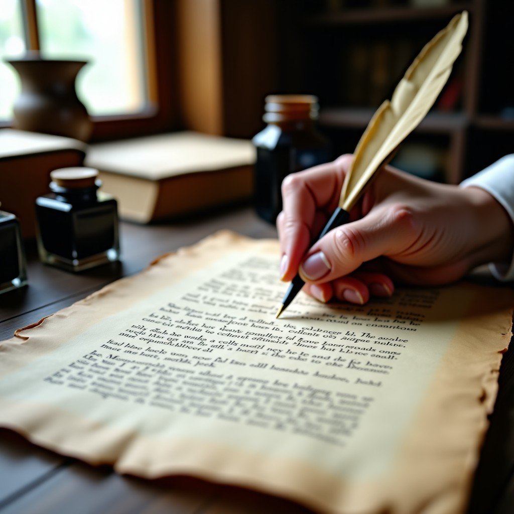 Close-up of a hand writing on aged parchment with a quill pen, messy ink bottles, scattered manuscripts, classic 19th-century desk, soft natural light from a window. 4:3