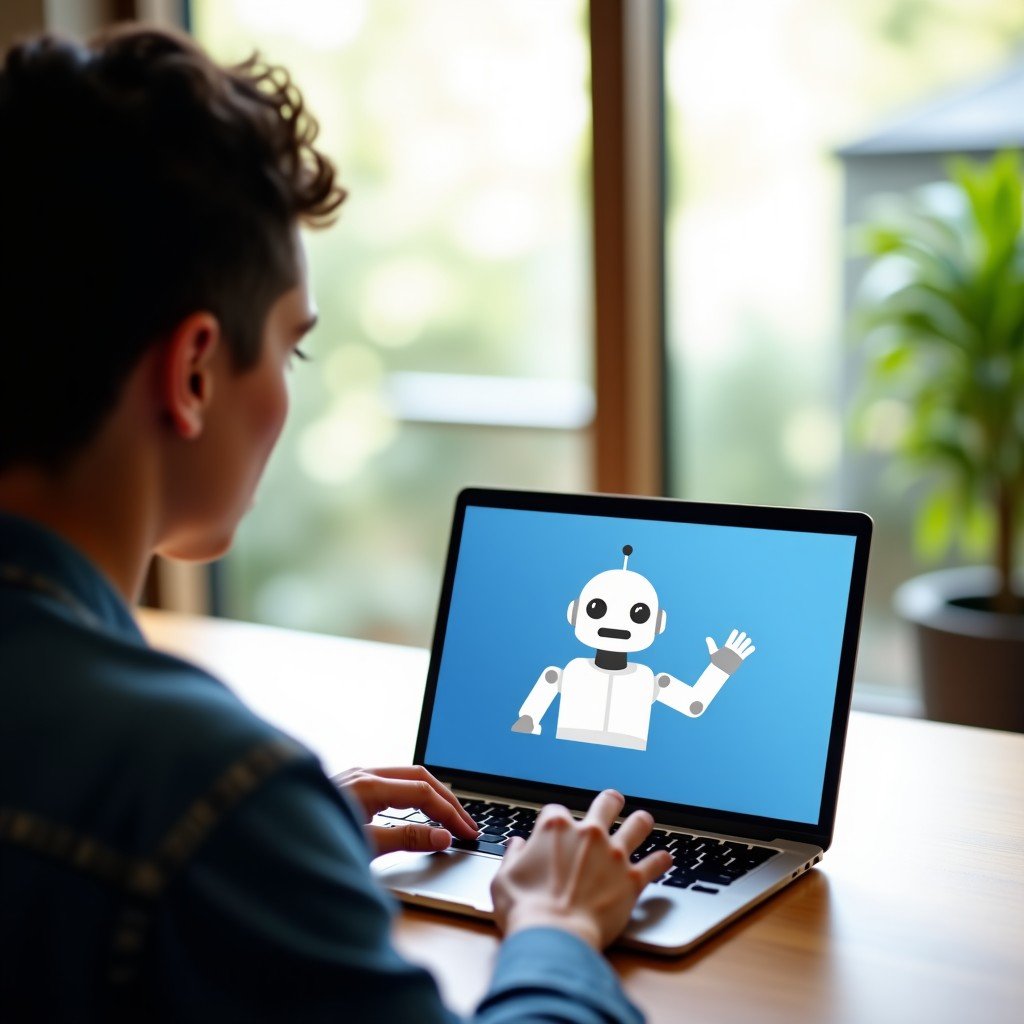 A person working on a laptop in a bright and airy room, focus on a clean and minimalist AI chatbot interface on the screen without any cluttered ads, natural lighting, 4:3
