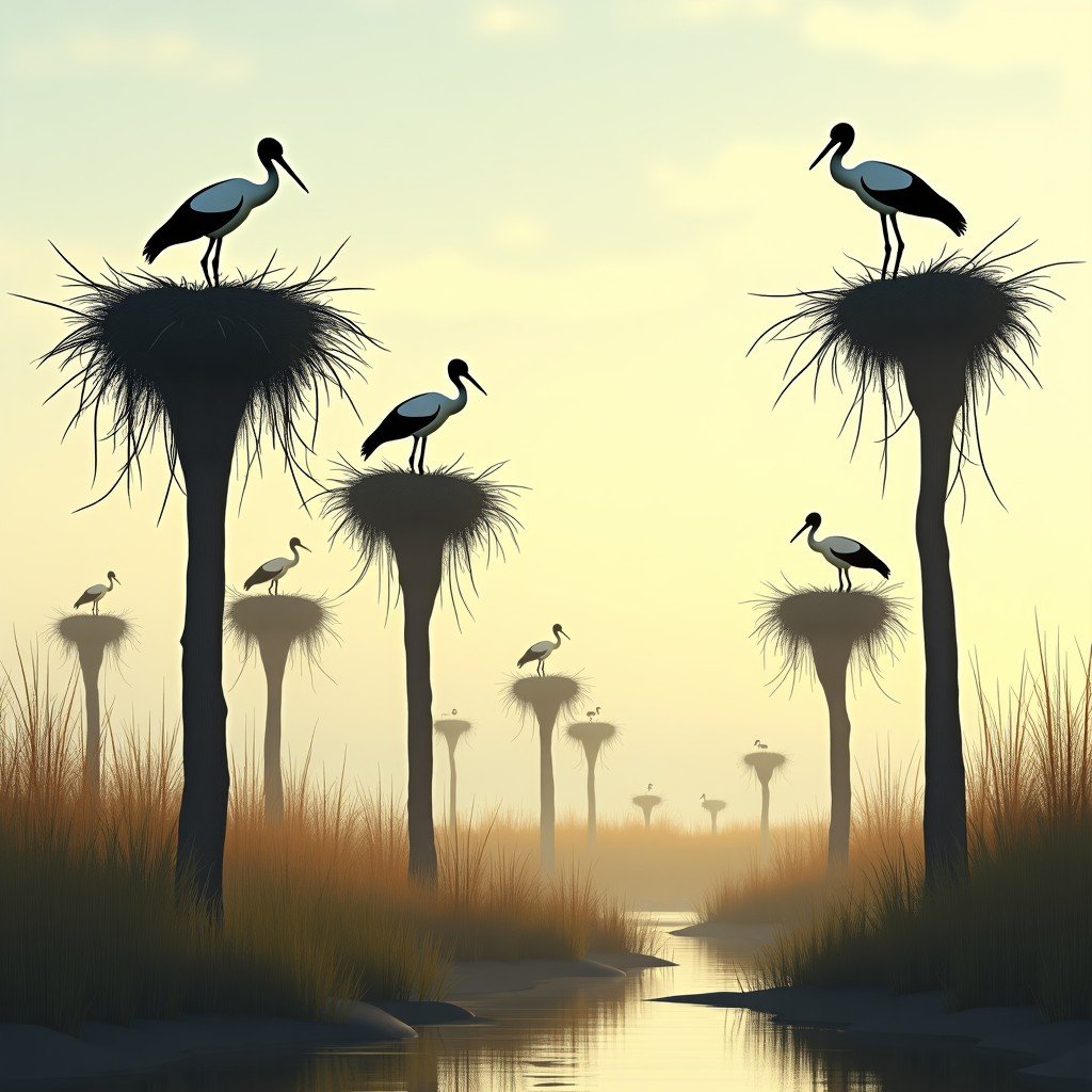 A realistic photograph of a group of Painted Storks nesting on acacia trees in a wetland environment with a soft background. 4:3