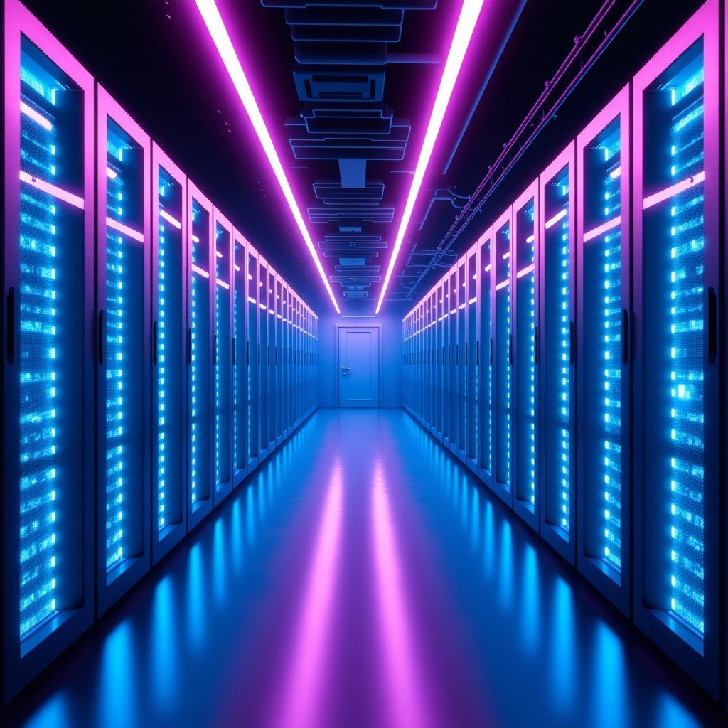 A wide-angle shot of a futuristic and highly advanced data center with glowing blue and purple server racks, representing cutting-edge AI infrastructure. The atmosphere is sleek and modern, with a high-tech aesthetic. 4:3