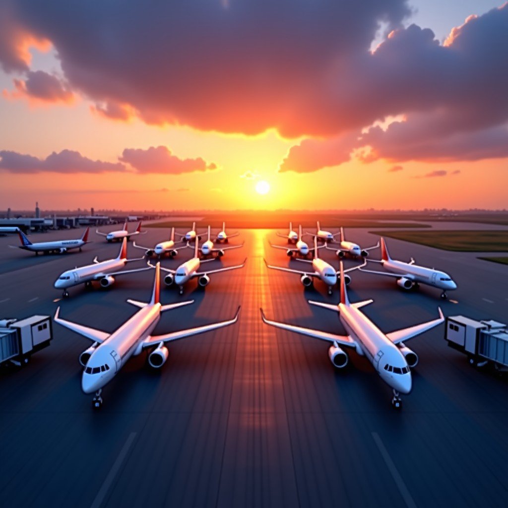 Aerial view of an airport hub at sunset with several airplanes parked at gates, warm orange and purple sky, professional composition, 4:3
