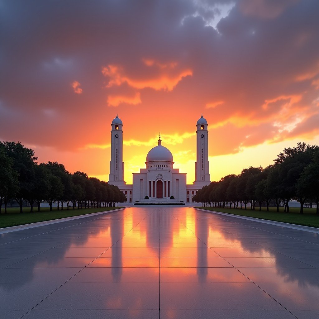 Three Powers Plaza in Brasilia featuring the National Congress building with its iconic domes and twin towers, vast open marble space, dramatic sunset sky with orange and purple hues, 4:3