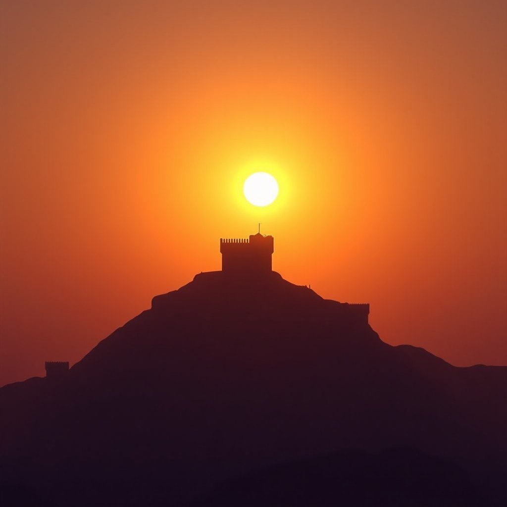 A beautiful sunset view of Bahla Fort with long shadows and a glowing orange sky, the fort silhouette against the horizon, high contrast, visually rich, 4:3