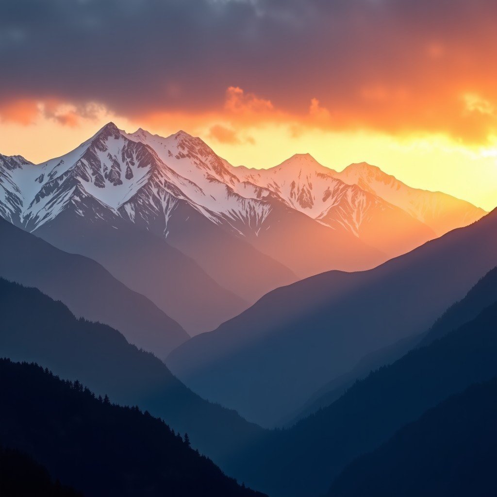 A dramatic sunset over the snow-capped peaks of the Cordillera Blanca in Peru, warm golden light hitting the mountain tops, deep shadows in the valleys, serene and majestic atmosphere, high resolution landscape rendering, 4:3