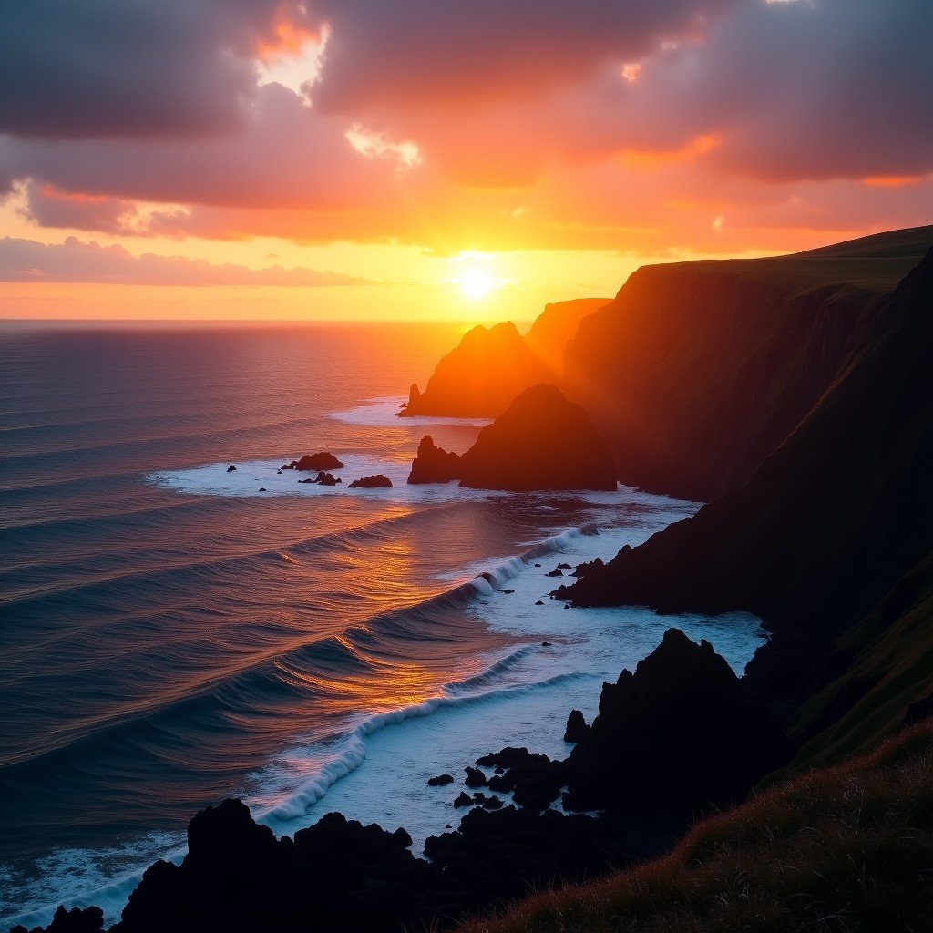 Sunset at the Giant's Causeway, golden hour light illuminating the basalt columns and the sea, peaceful and majestic landscape photography, high detail, 4:3