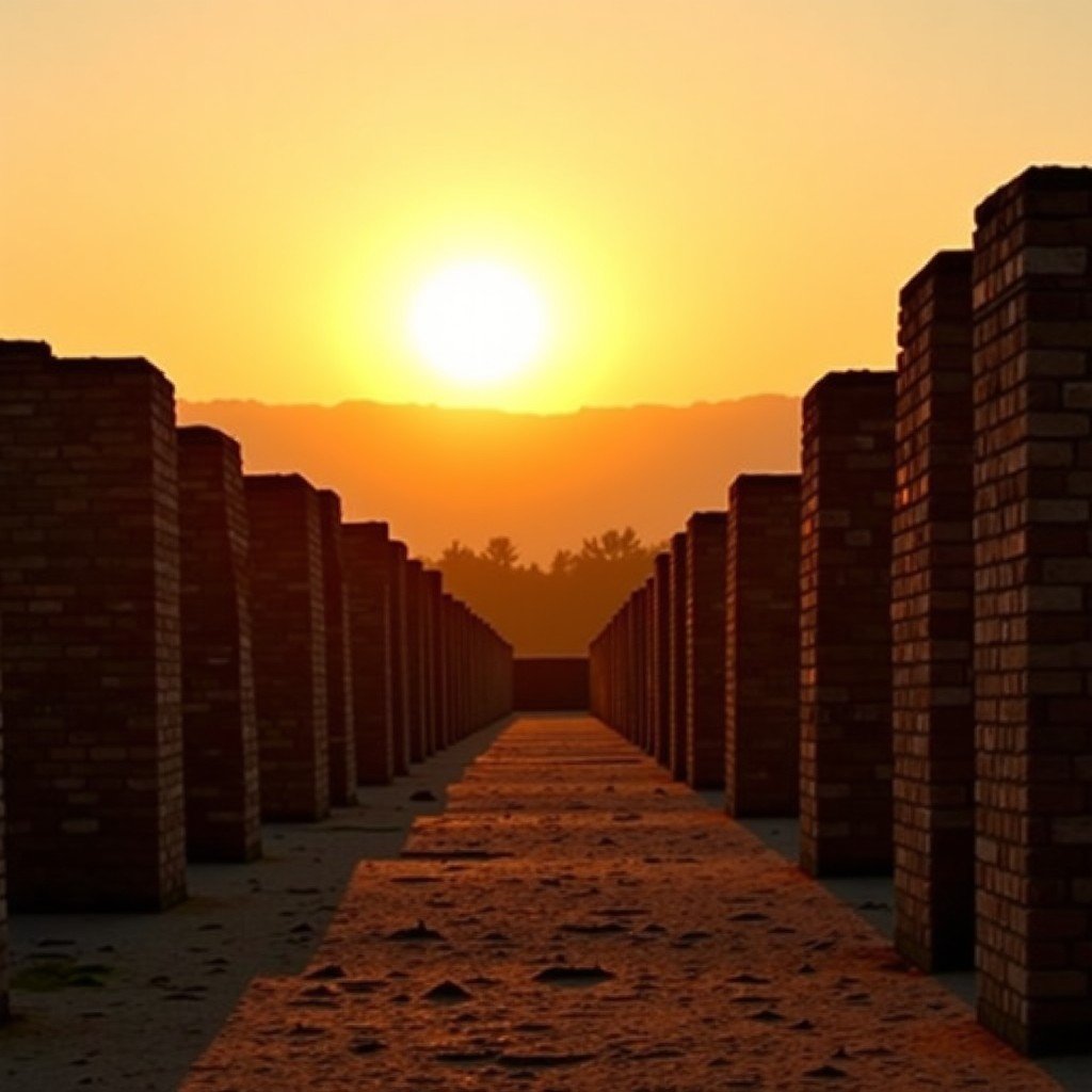 Sunset over the ruins of Chan Chan, warm golden light on mud-brick structures, archaeological site preservation area, 4:3