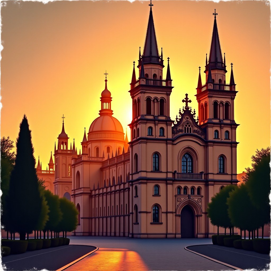 The magnificent exterior of Seville Cathedral at sunset, Gothic architecture with intricate details, warm golden hour lighting, artistic rendering with a textured background, 4:3