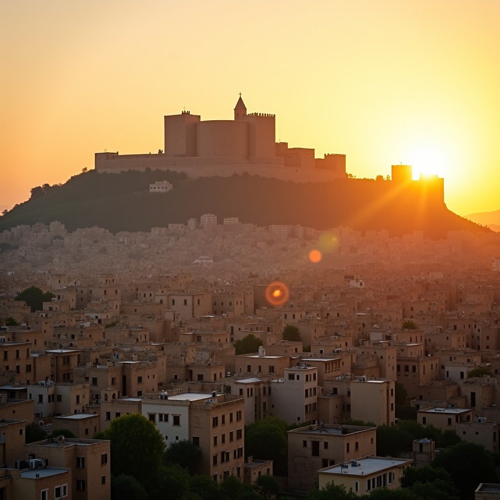 A panoramic view of the ancient city of Aleppo at sunset. The massive Citadel of Aleppo stands prominently in the center on a high hill, surrounded by traditional stone buildings and old city walls. Warm golden light hits the limestone structures. Cinematic lighting, high detail, historical atmosphere. 4:3