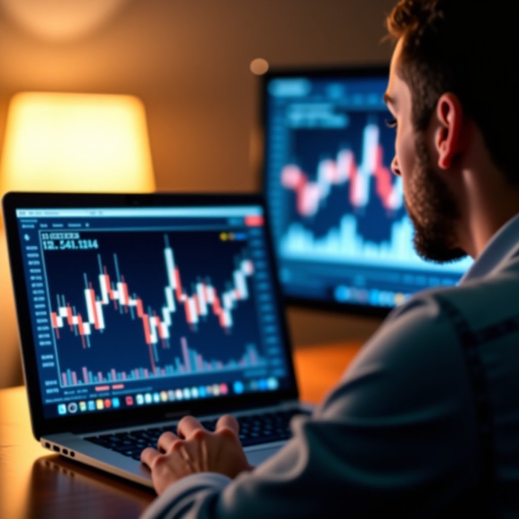 A close-up of a person professional looking at a laptop screen displaying various financial candle charts and news headlines. Warm indoor lighting, focused and calm atmosphere, high quality digital workplace setting. 1:1