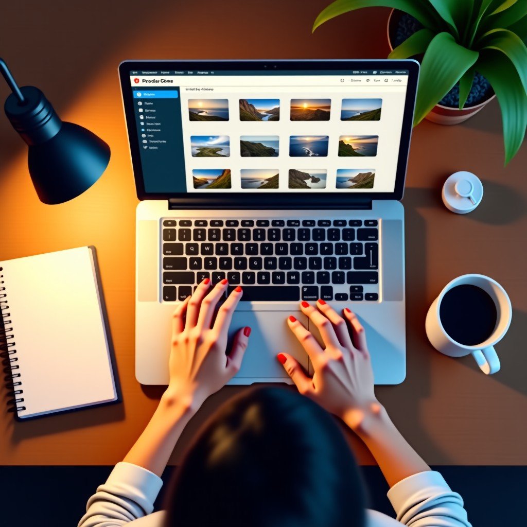 A top-down view of a person using a laptop to organize digital photo folders. A cup of coffee and a notebook are on the side of the wooden desk. Warm and cozy home office lighting. 4:3