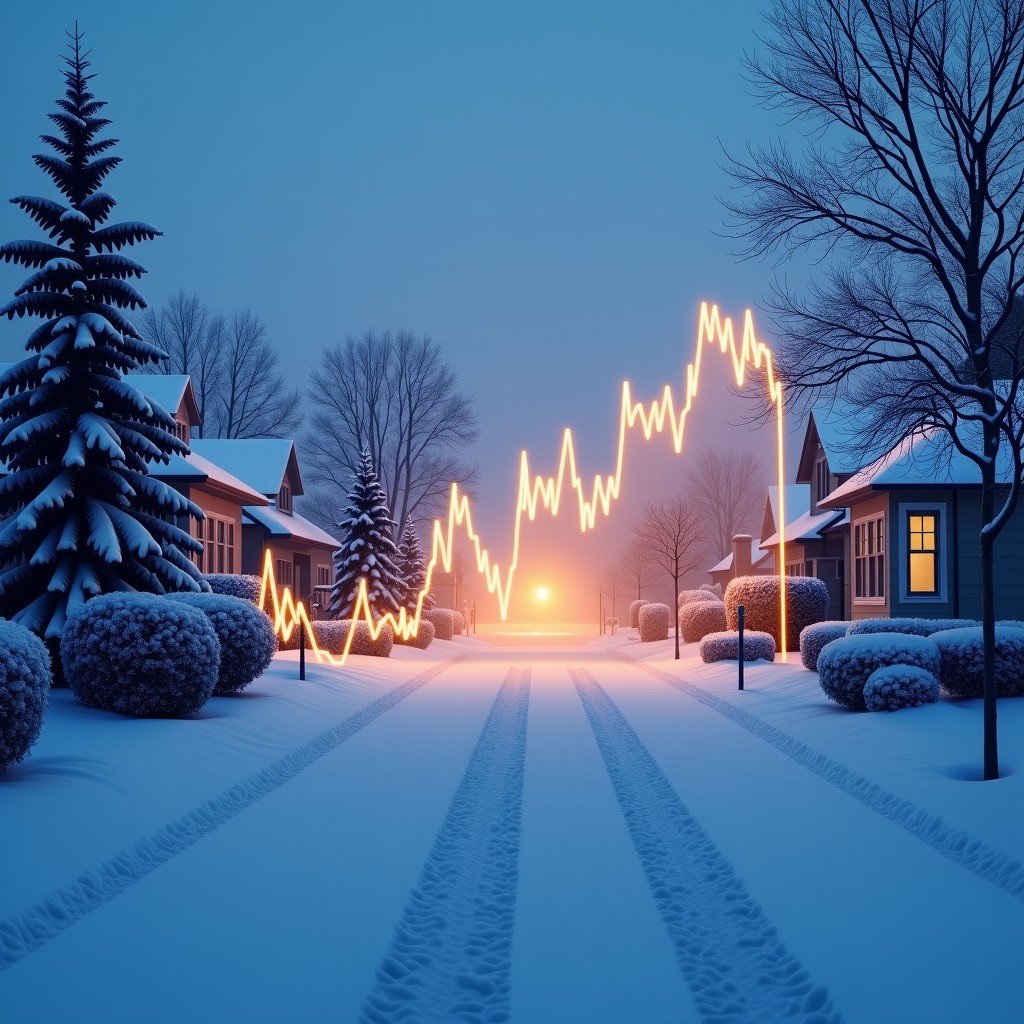 A suburban neighborhood covered in heavy winter snow during twilight. A translucent financial chart showing interest rate trends overlaid on the scene. Realistic photography style, cold blue and warm golden light balance. 4:3