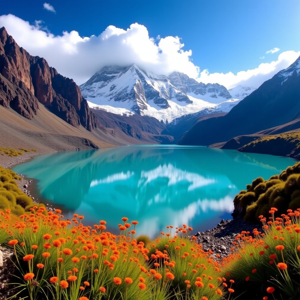 A breathtaking panoramic view of Huascarán National Park in Peru, featuring towering snow-capped Andean peaks reflected in a crystal-clear turquoise glacial lagoon, vibrant high-altitude flora in the foreground, bright sunny day with scattered clouds, high contrast, wide angle, 4:3