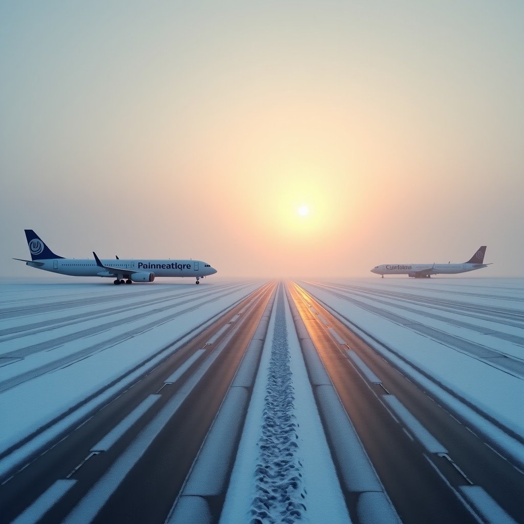 Realistic wide shot of a snowy airport runway in New York at dawn, airplanes covered in light snow, hazy winter atmosphere, high contrast, 4:3