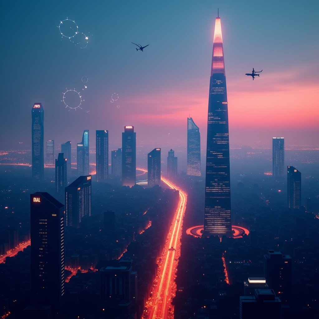 A futuristic cinematic view of New Delhi's skyline at dusk with glowing digital neural networks and AI data nodes hovering above the city buildings, representing a tech revolution. High contrast, modern lighting, 4:3