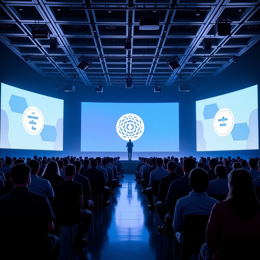 A wide shot of a futuristic AI summit in New Delhi India featuring high-tech displays large screens with artificial intelligence patterns and a diverse crowd of tech professionals in a modern convention center bright and professional lighting 4:3