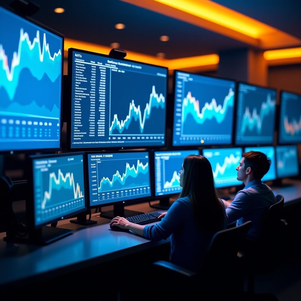 A high-tech financial trading room in New York with multiple monitors displaying stock market charts for travel technology companies. Professional atmosphere with soft blue and orange lighting. No text on screens. 4:3