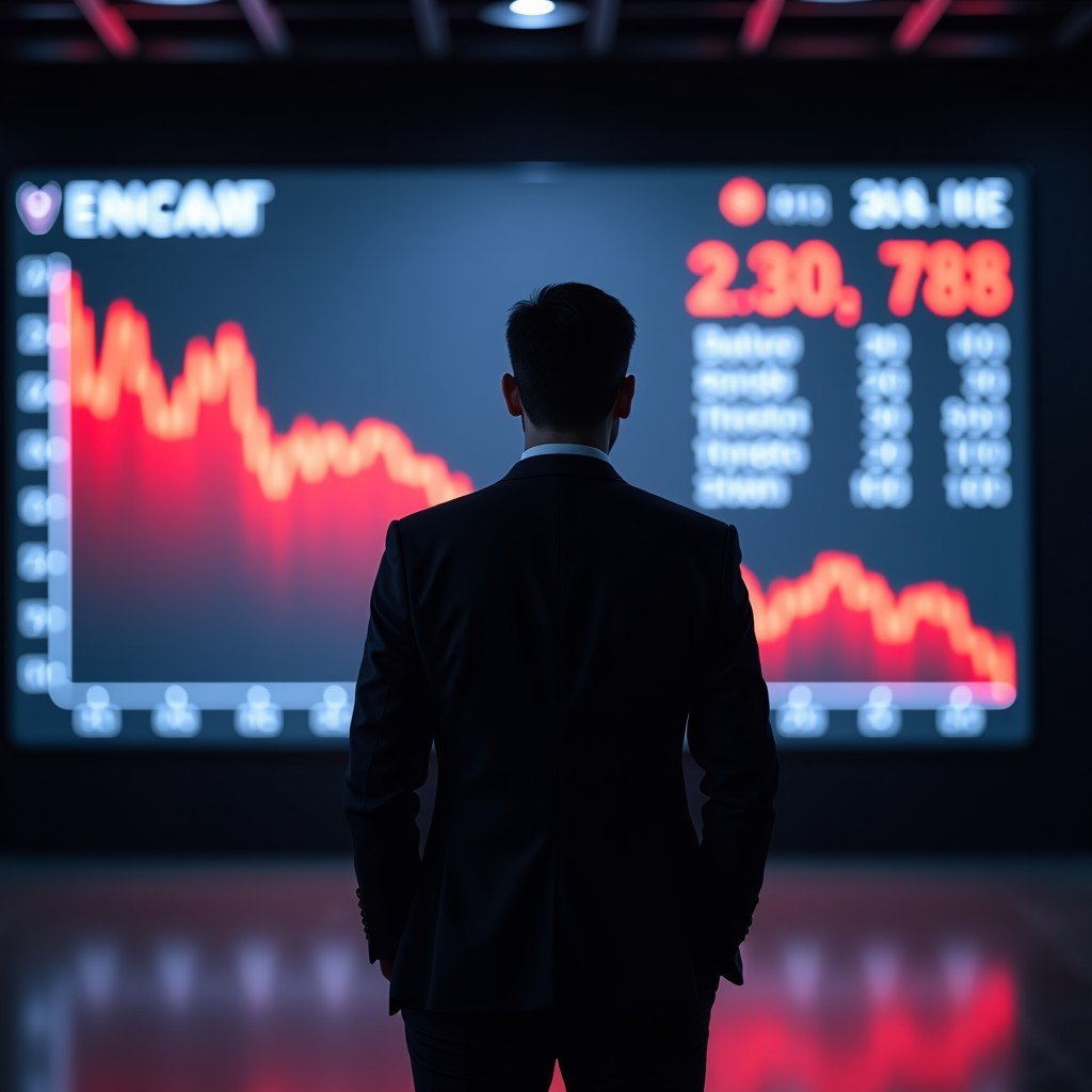 A professional investor in a dark suit standing in front of a large digital stock market display showing red downward trends and financial data charts in a modern trading floor, high contrast, cinematic lighting, 4:3