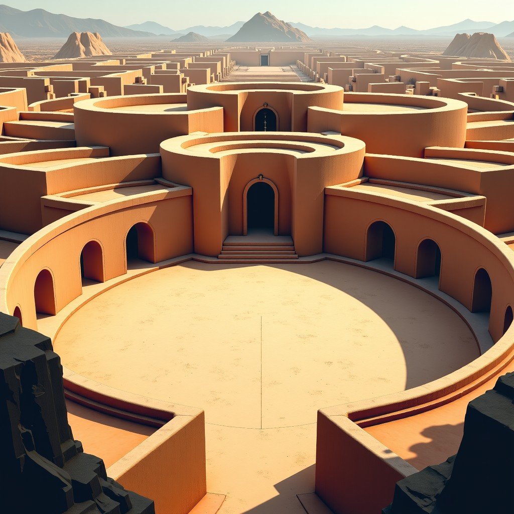 Wide courtyard of the Nik An palace, high earthen walls, labyrinthine structure, perspective view, artistic rendering, 4:3