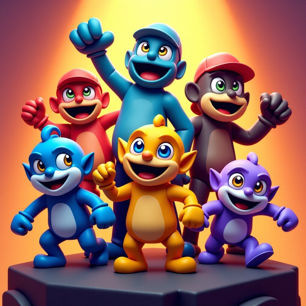 A vibrant and colorful artistic rendering featuring characters reminiscent of popular family-friendly video games, celebrating a new release. Textured background, energetic composition, professional digital art, 4:3