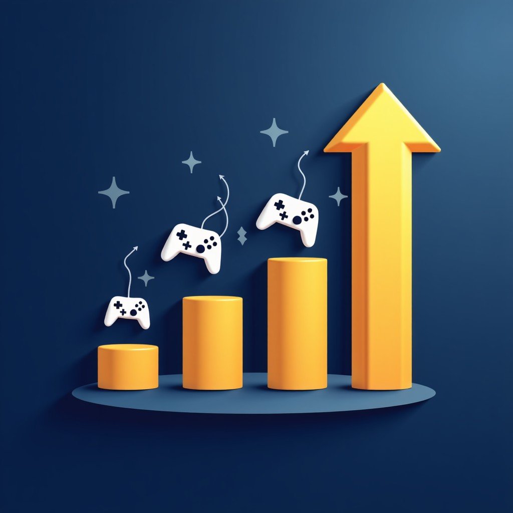 A clean and modern infographic-style illustration with rising golden arrows and digital representations of gaming controllers, symbolizing financial growth and success for a gaming company. High contrast, professional blue and gold color palette, 4:3