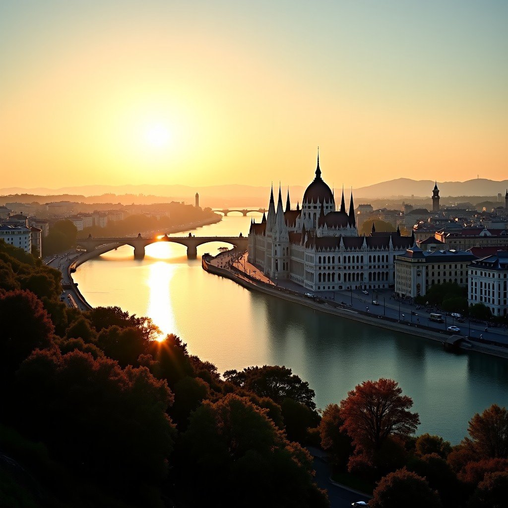 A breathtaking wide-angle panoramic view of Budapest, Hungary, showcasing the Danube River, the historic Buda Castle on the hill, and the majestic Parliament building. High contrast, warm golden hour lighting, cinematic atmosphere, no text, 4:3