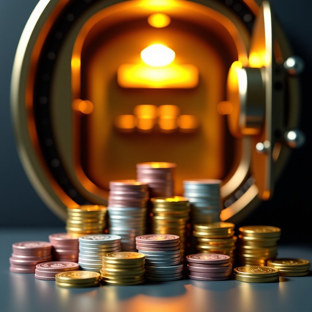 A detailed still life photography of a modern high-tech vault interior. Inside the vault, there are stacks of diverse international currencies and several shiny gold bars. The lighting is soft and golden, conveying a sense of security and wealth diversification. 1:1
