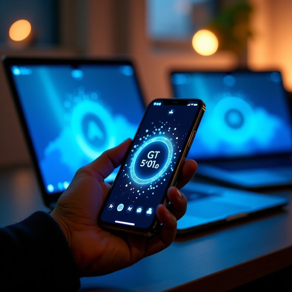 A person holding a modern smartphone showing a sophisticated AI assistant interface with glowing light waves. In the background a tablet and a laptop are also synced. 4:3