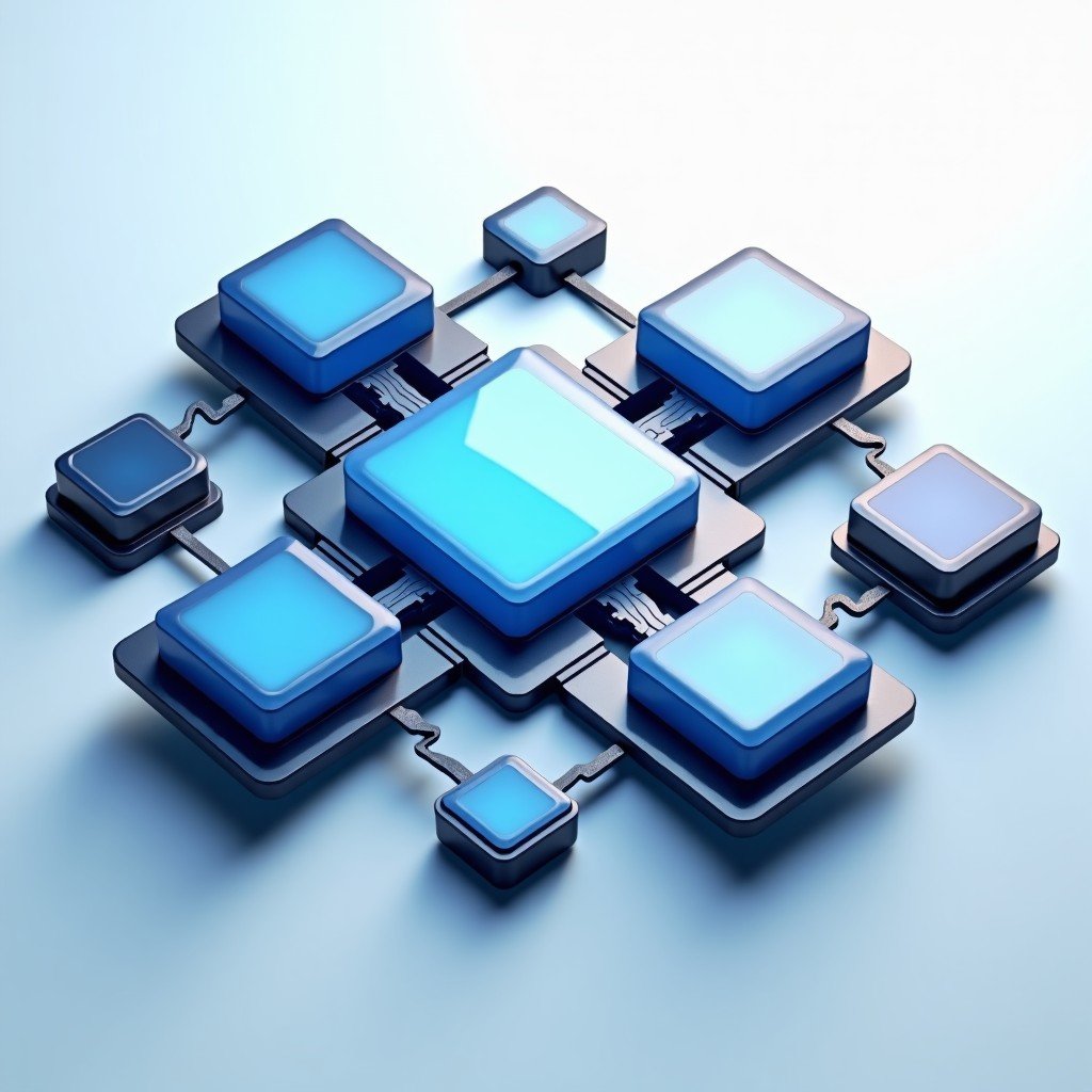 A professional conceptual illustration showing various technological modules clicking together. A mix of metallic and glass textures. Bright and balanced lighting. 4:3