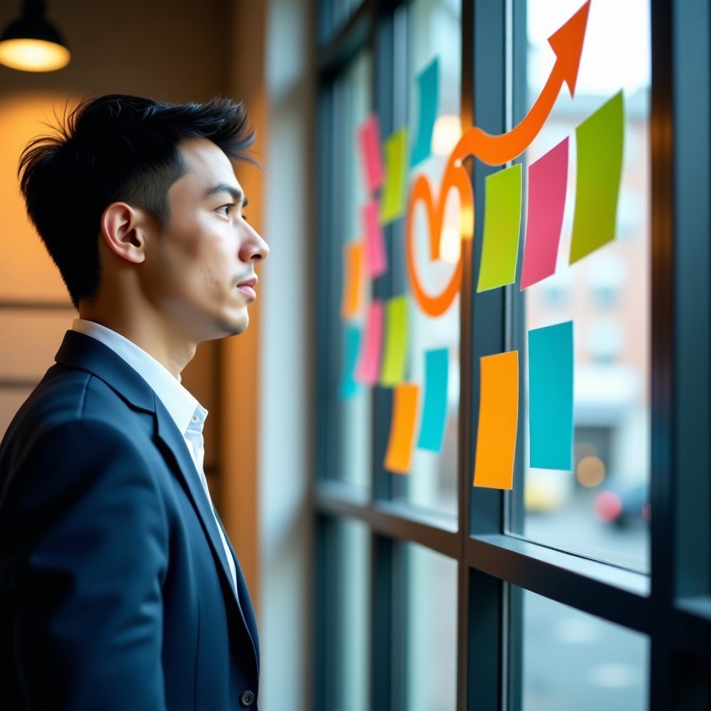 A young professional looking at a large glass wall with colorful sticky notes and arrows pointing towards a central goal. Creative and focused atmosphere, warm indoor lighting, 4:3.