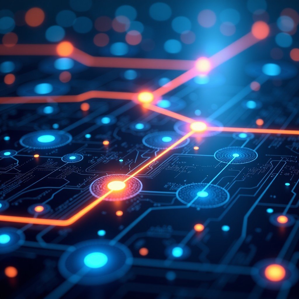 A visual comparison of different AI processing units, glowing light paths connecting processors, abstract digital grid, futuristic tech environment, 1:1