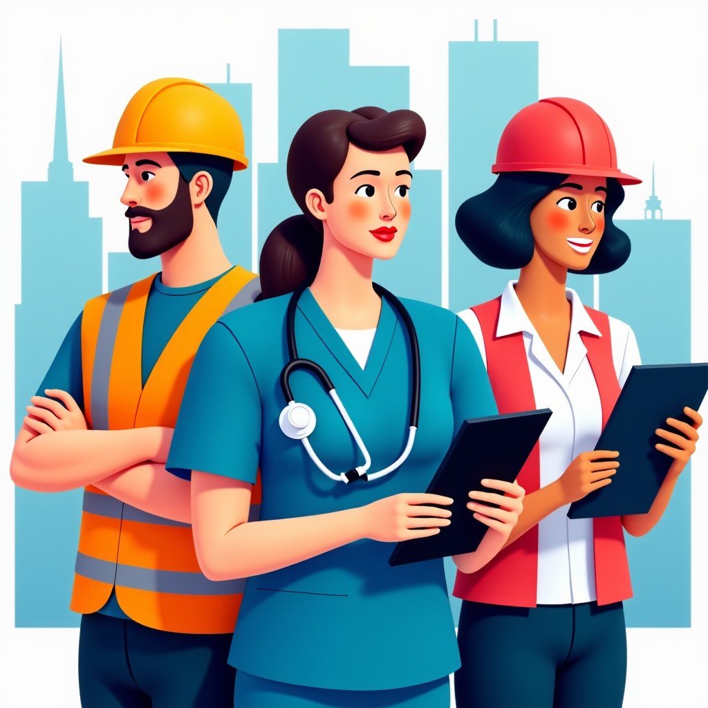 A collage of different professionals including a nurse a construction worker and a tech specialist in a modern city setting, representing career diversity, vibrant and detailed composition, 4:3