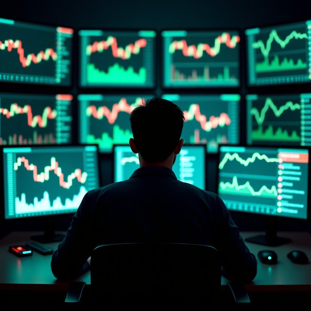 A view from behind of a financial analyst sitting in a dark room with multiple glowing computer monitors showing complex green and red line graphs and data points, 4:3