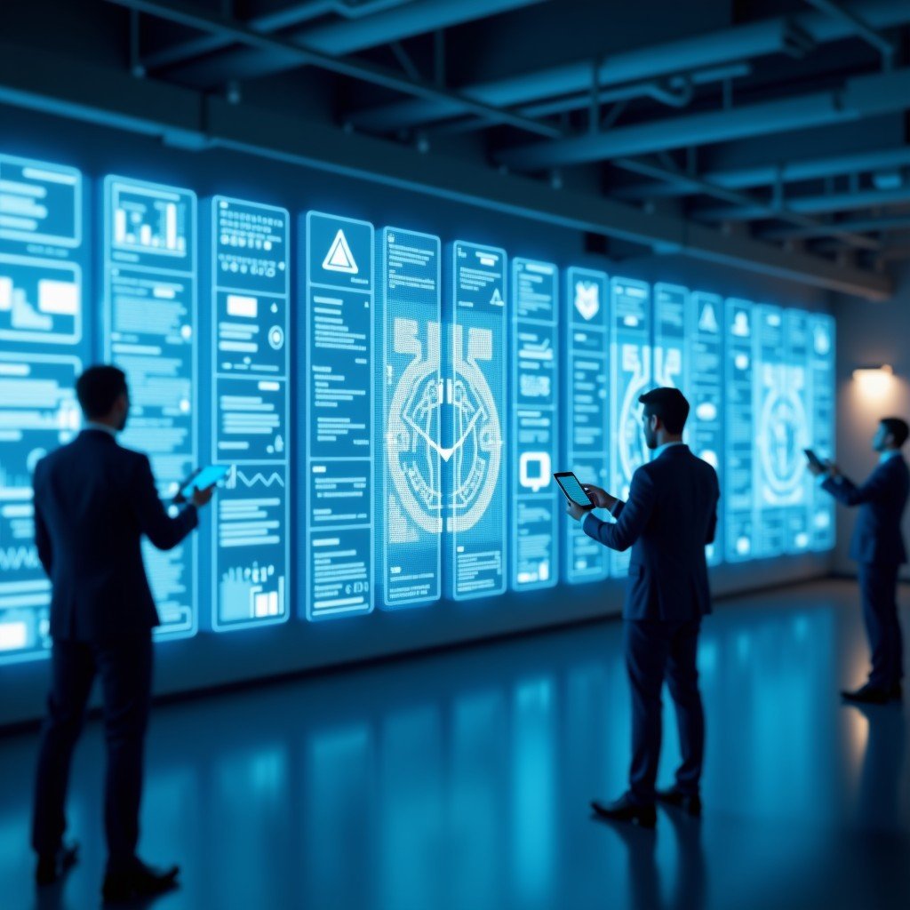 A sophisticated digital representation of multiple AI agents simultaneously processing complex tasks on transparent holographic screens in a high-tech office environment. The scene is lit with cool blue and white tones, showcasing advanced technology integration. 4:3