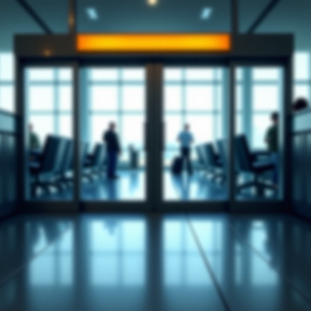 A close up of a closed airport security gate with a blurred background of a busy terminal. High quality photography, modern style, 4:3