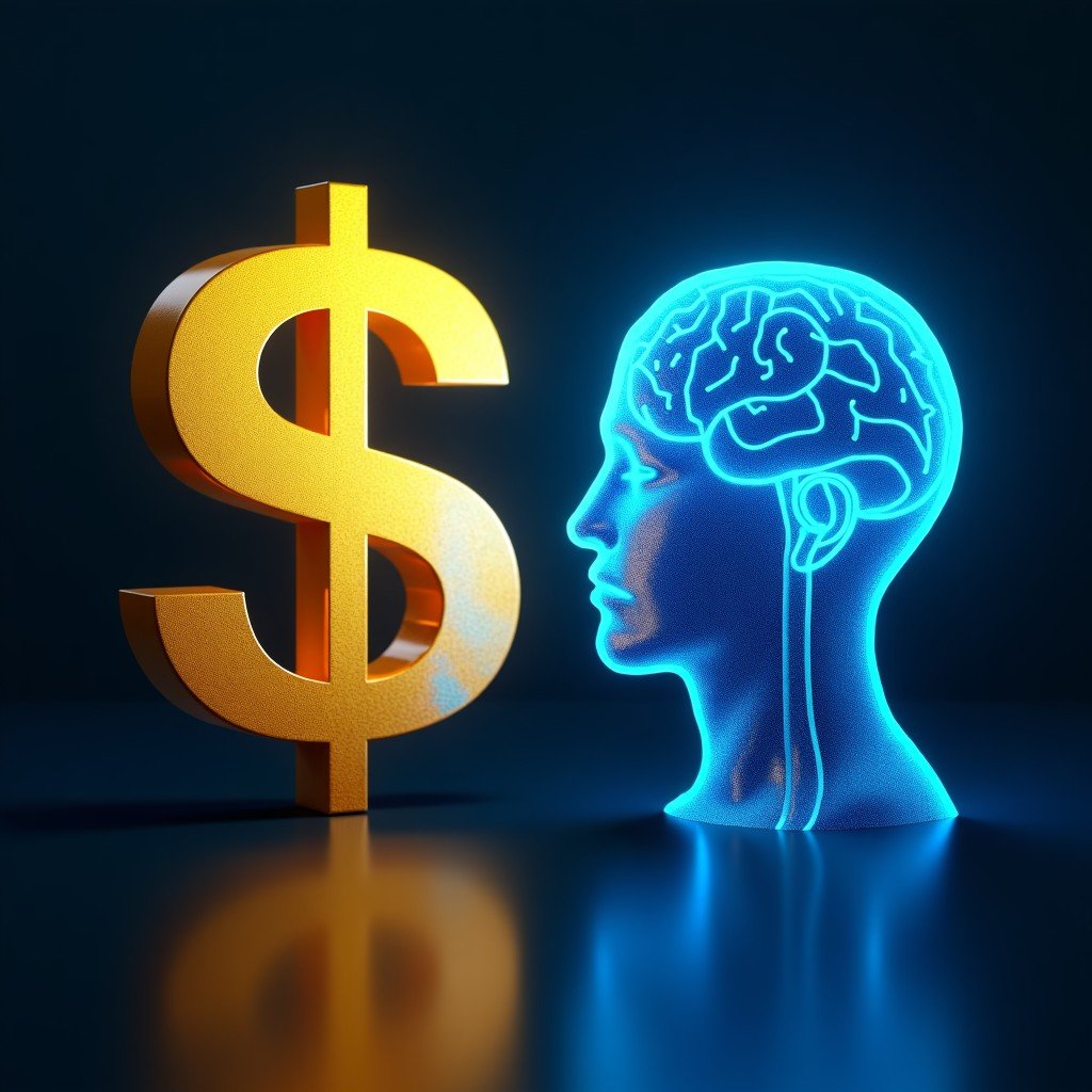 A professional digital illustration showing a golden US dollar symbol and a glowing blue AI brain network facing each other on a dark tech background. The dollar symbol looks slightly cracked while the AI network is intensely bright. High contrast, modern cinematic lighting. 1:1