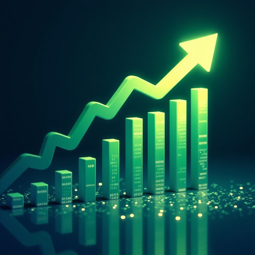 An abstract illustration representing corporate restructuring and digital transformation, falling bar charts transitioning into glowing digital binary codes, deep green and blue color palette, 4:3