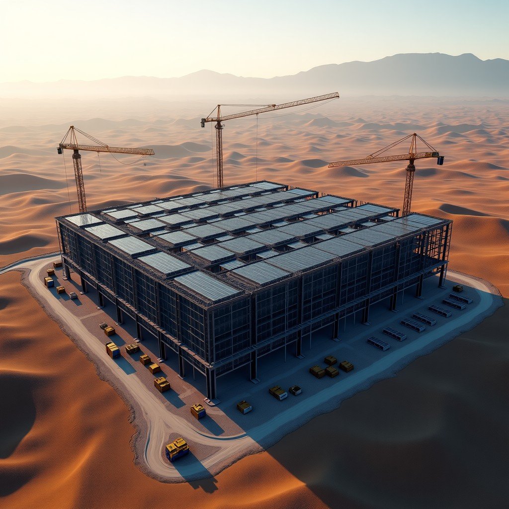 Aerial view of a massive modern data center under construction in a vast landscape. Large cranes and structural frames are visible with solar panels nearby. 4:3