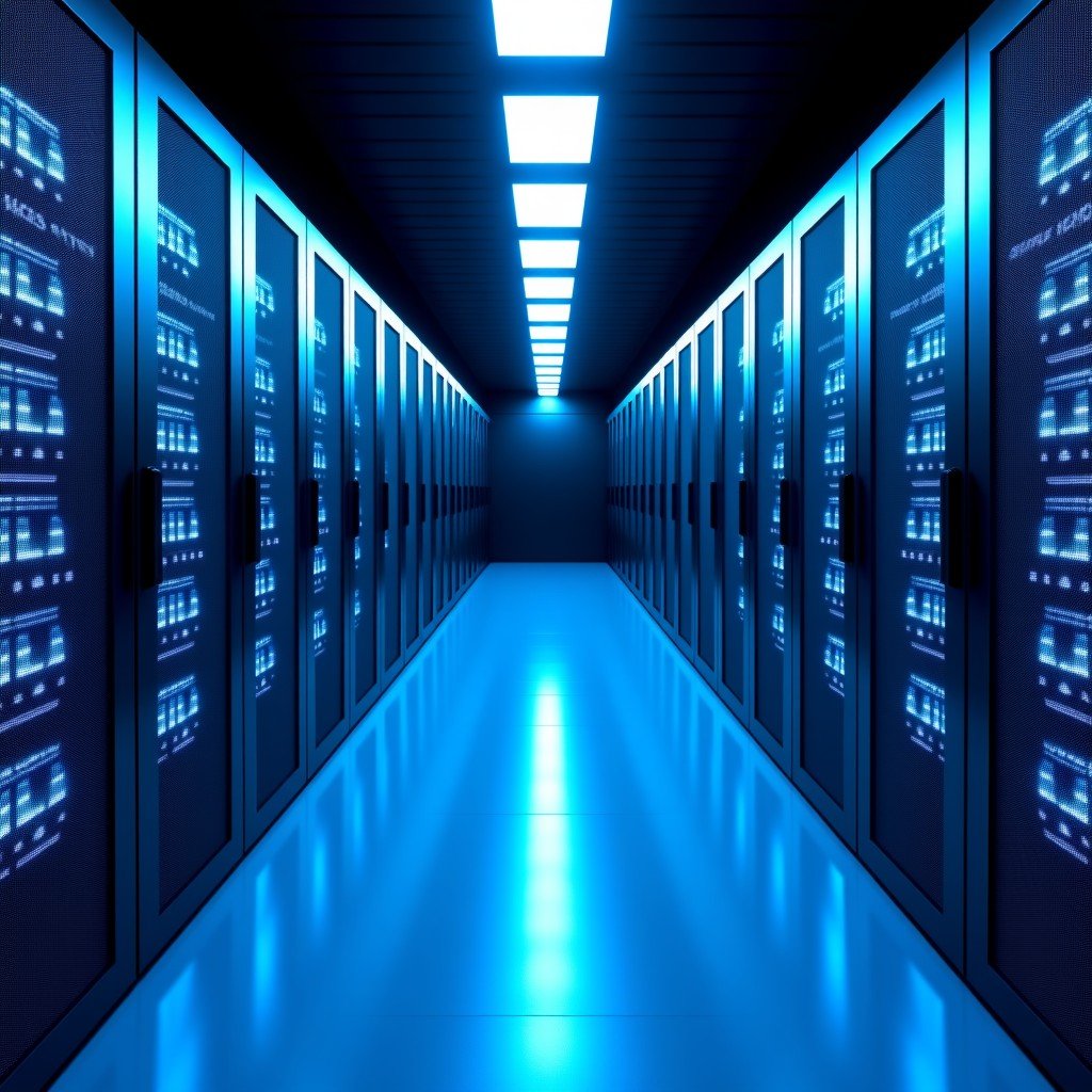 A wide-angle interior view of a high-tech modern data center with glowing blue LED lights on server racks. Symmetrical composition, clean and professional atmosphere representing high infrastructure costs. 4:3