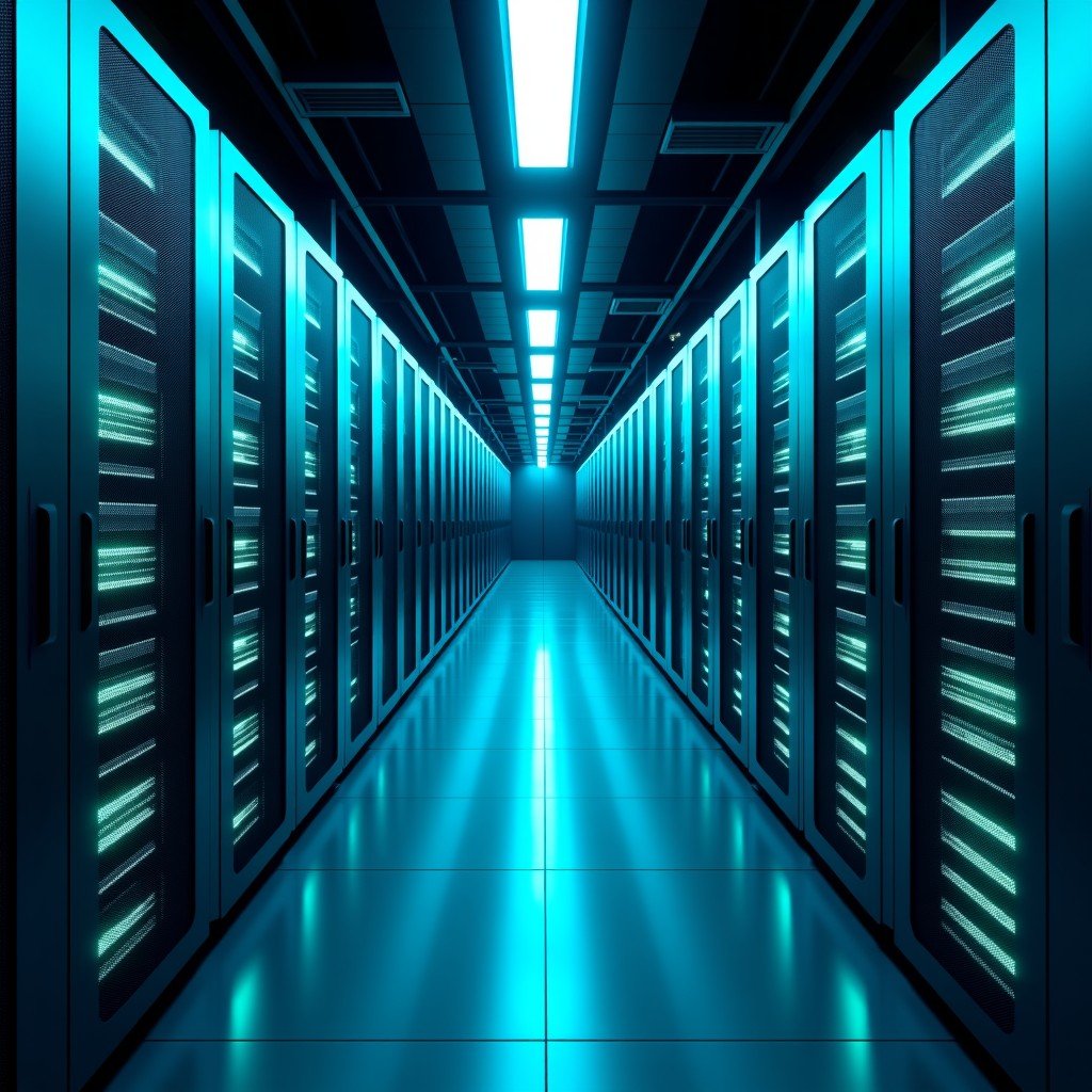 A wide-angle interior shot of a massive, futuristic data center. Rows of high-tech server racks filled with glowing blue and green LED lights indicating active processing. Sleek metallic finishes, clean cables, and a sense of immense scale. Photorealistic style, cinematic lighting. No visible text. 1:1