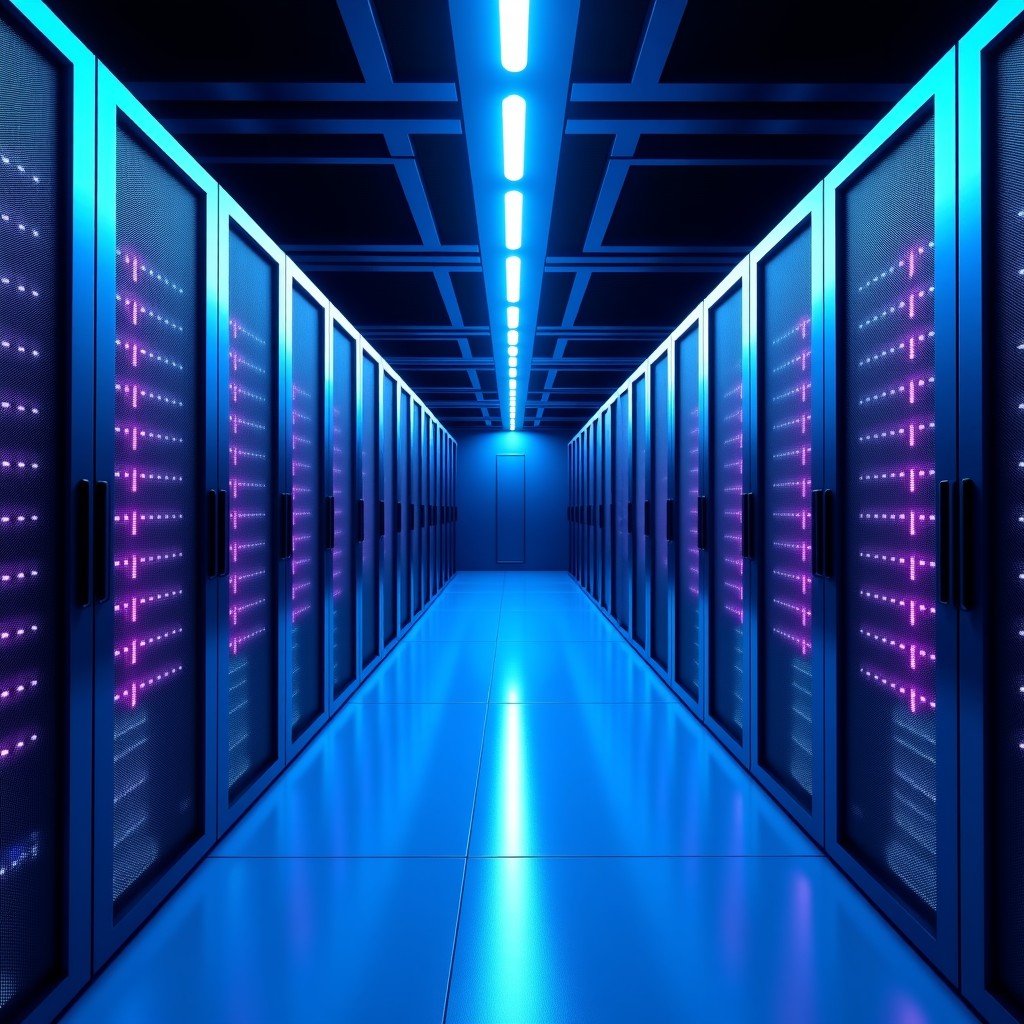 A vast interior of a modern data center with rows of high-tech server racks, glowing blue and purple LED lights, sleek metallic surfaces, clean and futuristic atmosphere, wide angle view, high contrast lighting. 4:3