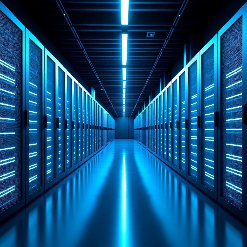 A cinematic wide shot of a massive futuristic data center with rows of glowing server racks, represented in a high-tech blue and silver color palette. The lighting is sophisticated, emphasizing the scale of infrastructure investment. 4:3